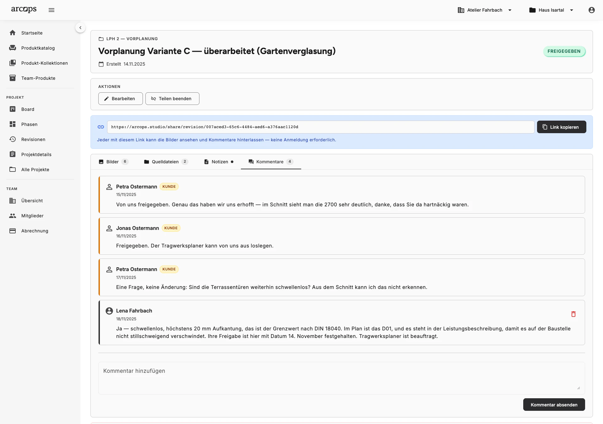 ArcOps project management dashboard showing interior design projects