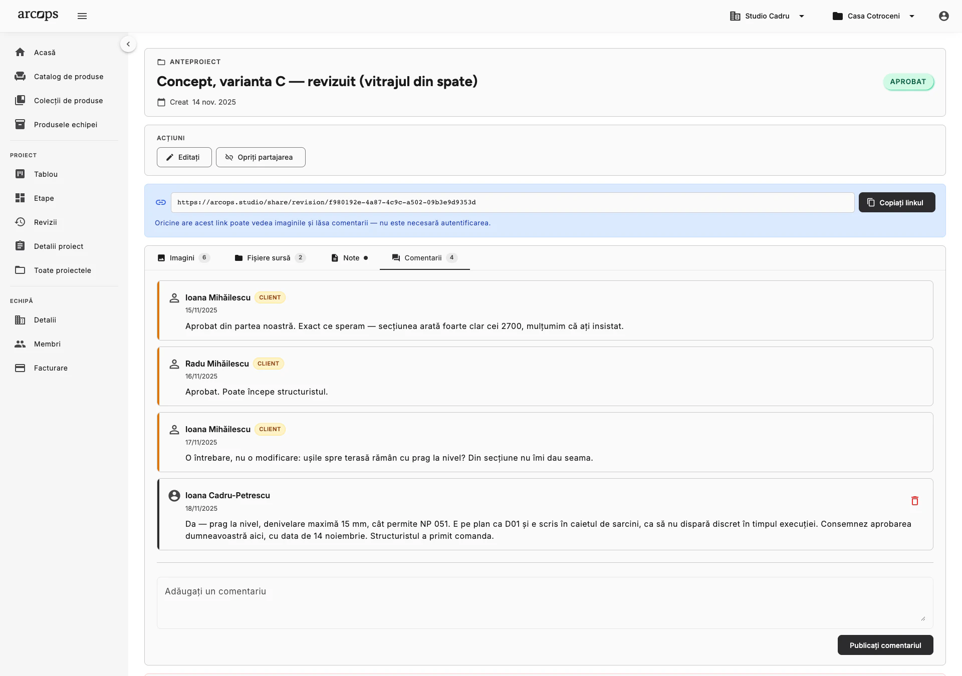 ArcOps project management dashboard showing interior design projects