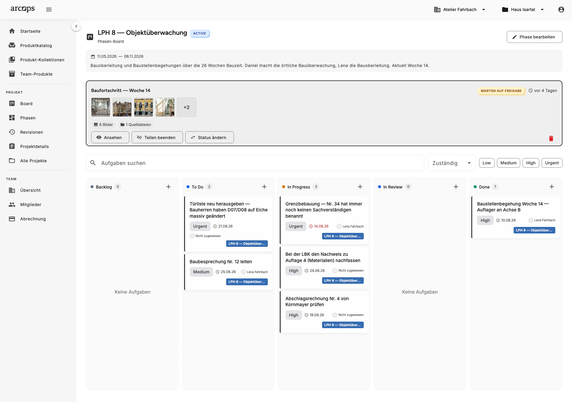 ArcOps-Kanban-Board mit Aufgabenspalten und Drag-and-Drop-Organisation