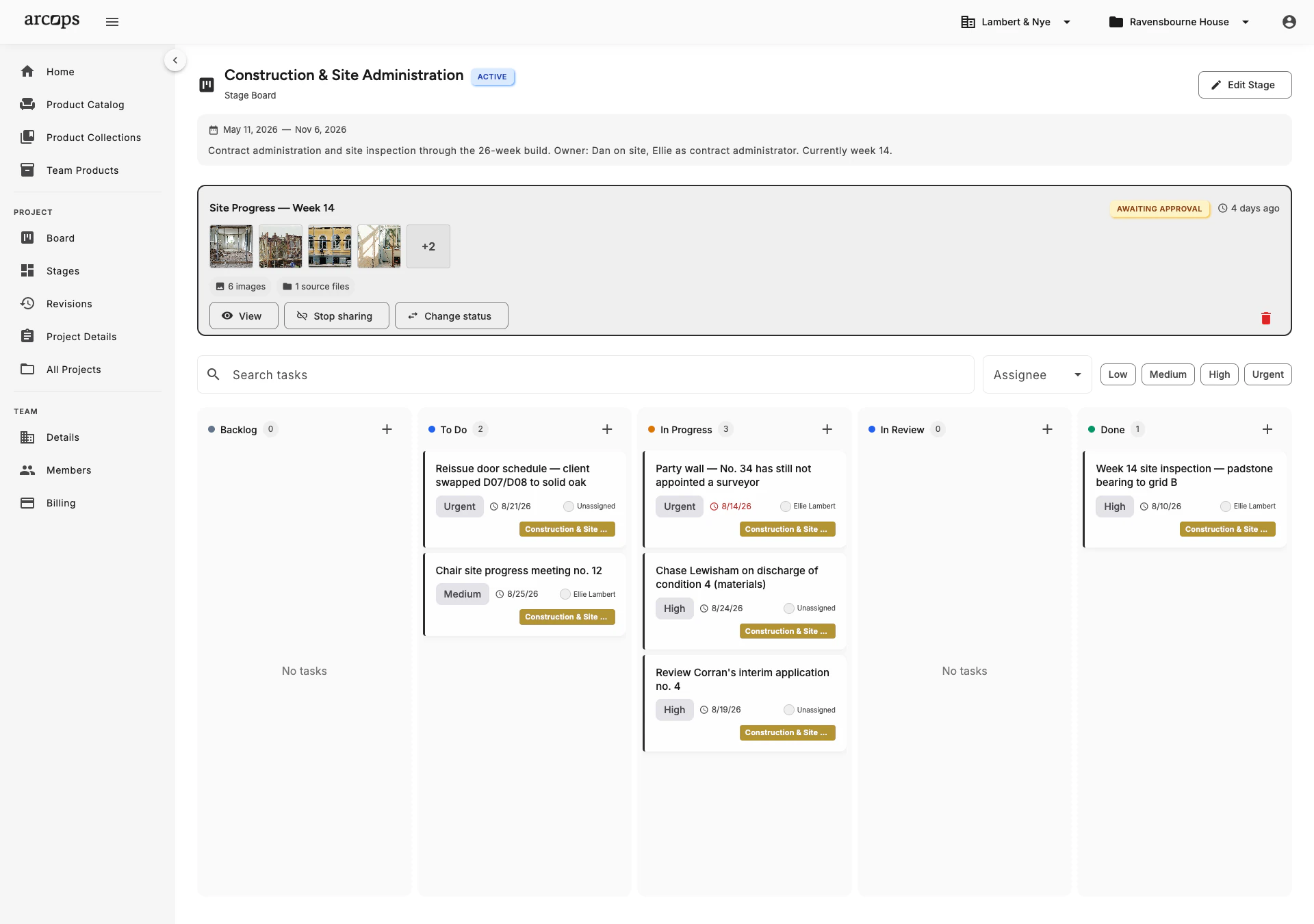 ArcOps Kanban board showing task columns with drag-and-drop organization