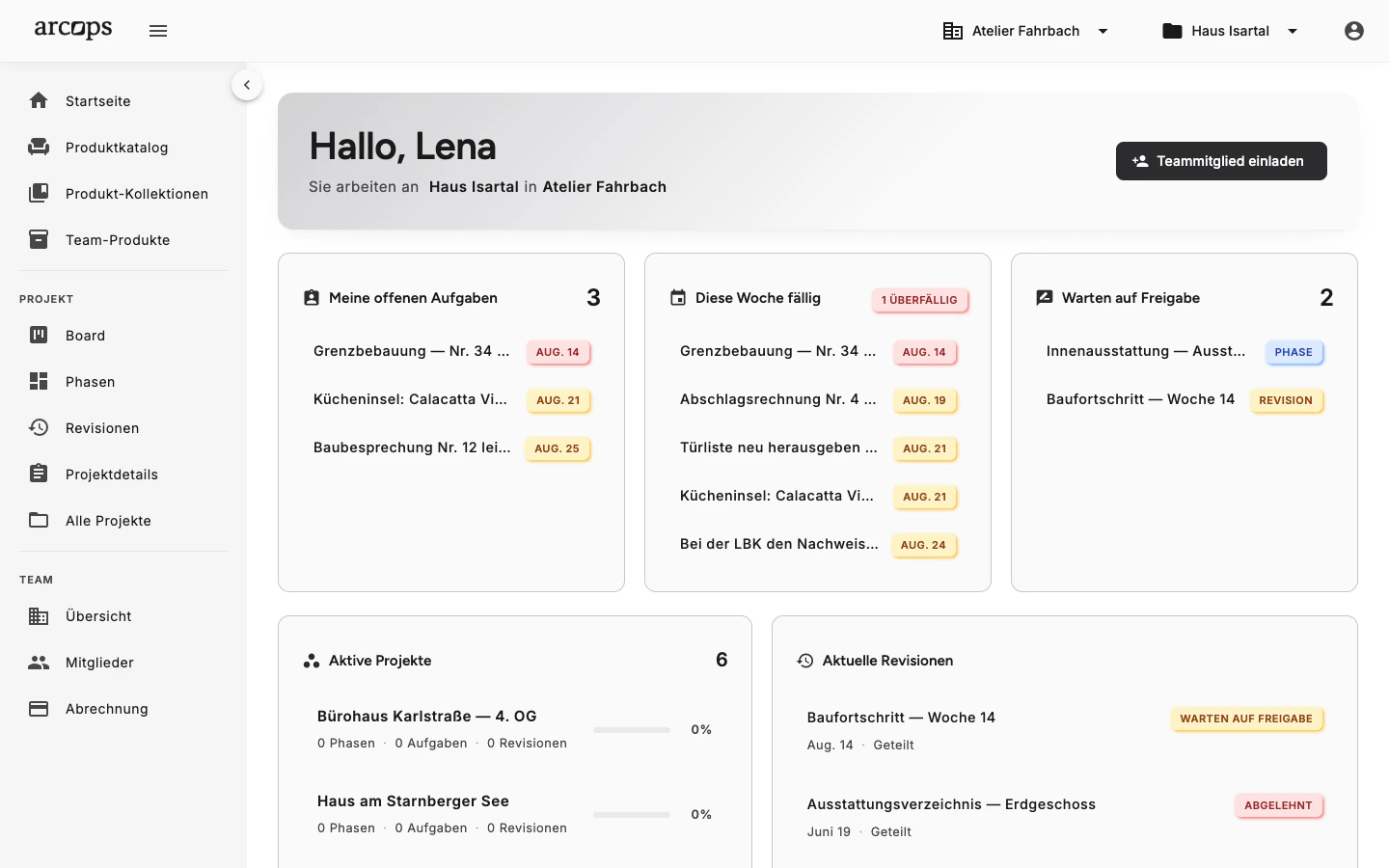 ArcOps-Dashboard mit offenen Aufgaben, aktiven Projekten und Tarifauslastung