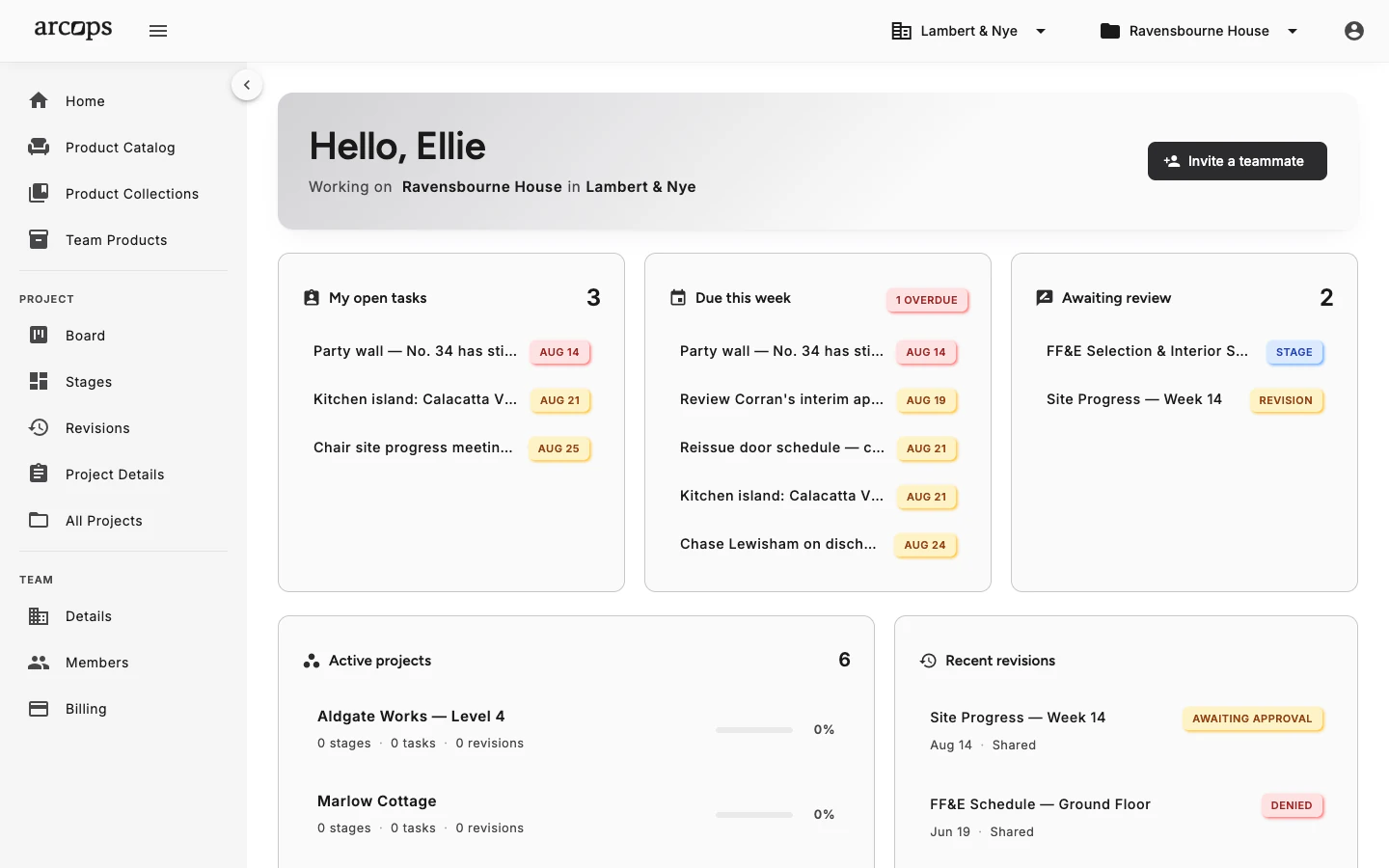 ArcOps dashboard showing open tasks, active projects and plan usage