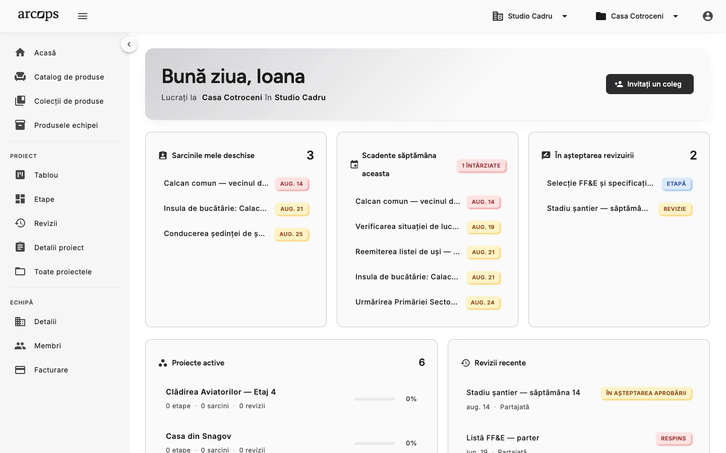 Panoul de control ArcOps, care afișează sarcinile deschise, proiectele active și utilizarea planului