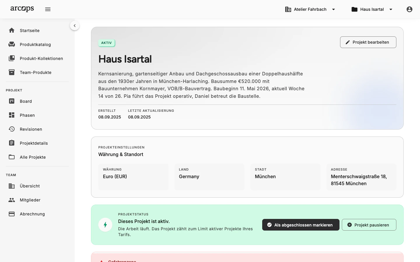 ArcOps-Projektdetailseite mit Währung, Standort und Status