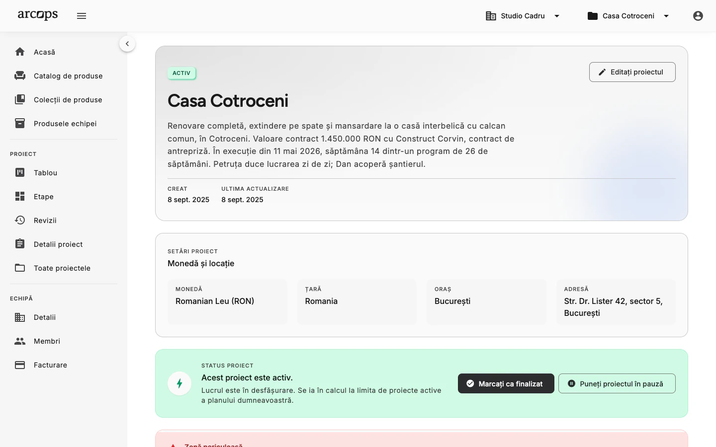 Pagina de detalii proiect ArcOps cu monedă, locație și status