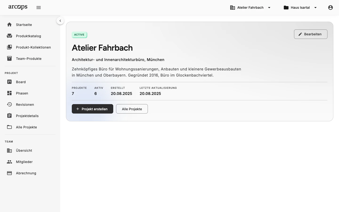 ArcOps-Teamdetailseite mit Studio-Beschreibung, Projektanzahl und Schaltfläche zum Erstellen eines Projekts