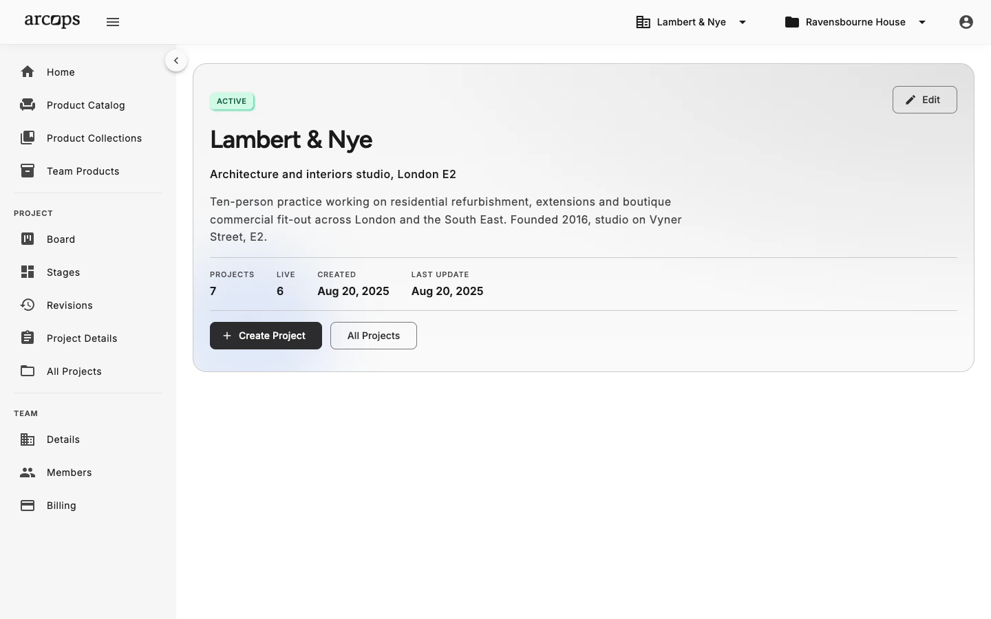 ArcOps team details page with studio bio, project count and create project action